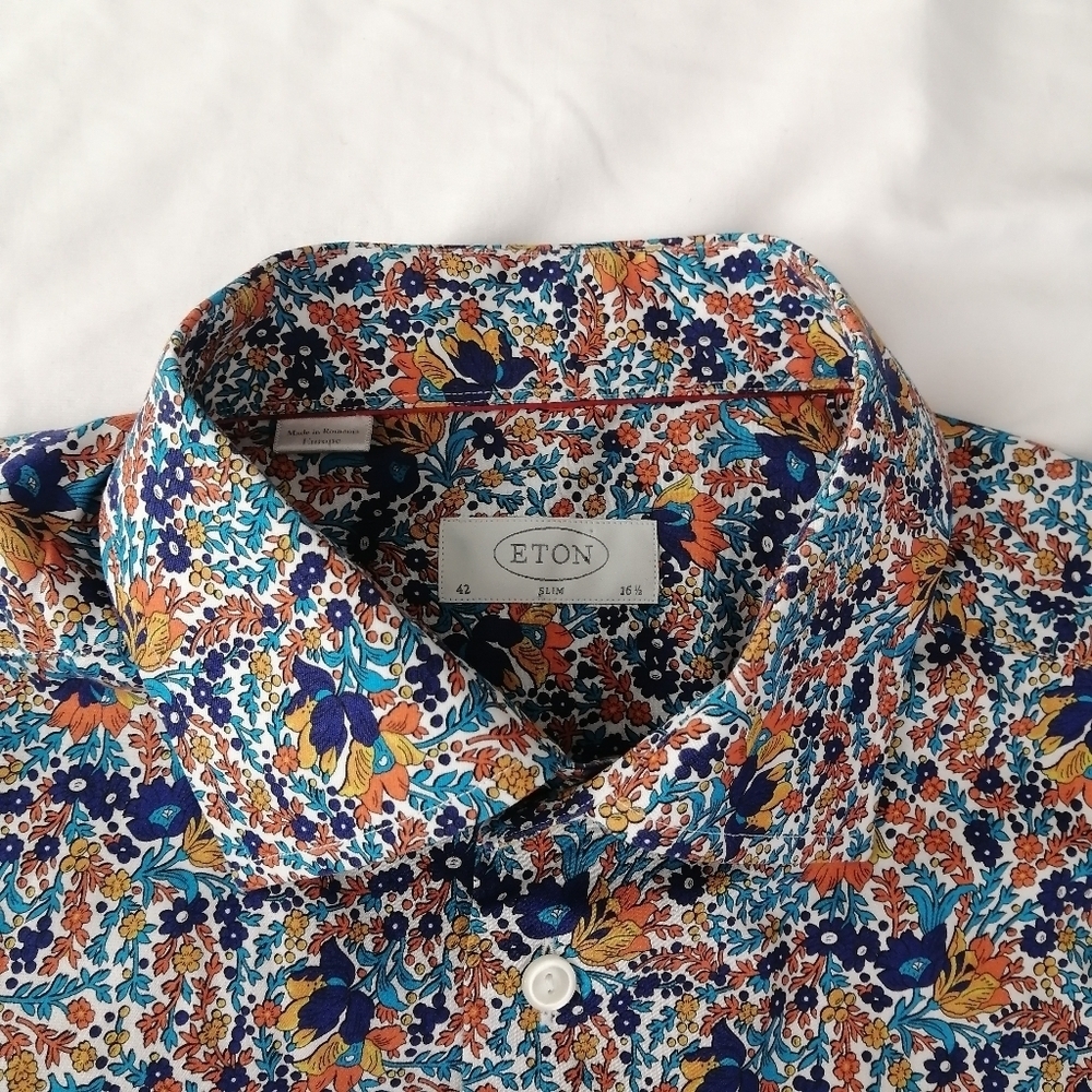 Eton Men's Slim Fit Floral Dress Shirt Orange Blue White 16.5 Neck